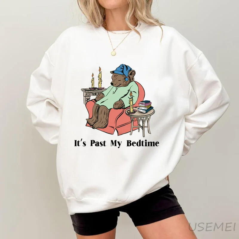 It\'s Past My Bedtime Sweatshirt Women Funny Sleepy Bear Graphic Sweatshirts Trendy Top Pullover Long Sleeve Aesthetic Clothing