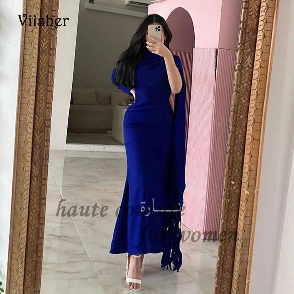 

Navy Blue Satin Mermaid Prom Dresses with Cape One Shoulder O Neck Arabian Dubai Evening Party Dress Floor Length