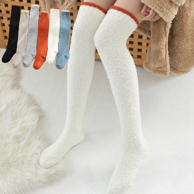 Long Winter Women Socks Warm Thigh High Stockings Coral Fleece Soft Fluffy Over Knee Socks Solid Candy color Sock Calcetines