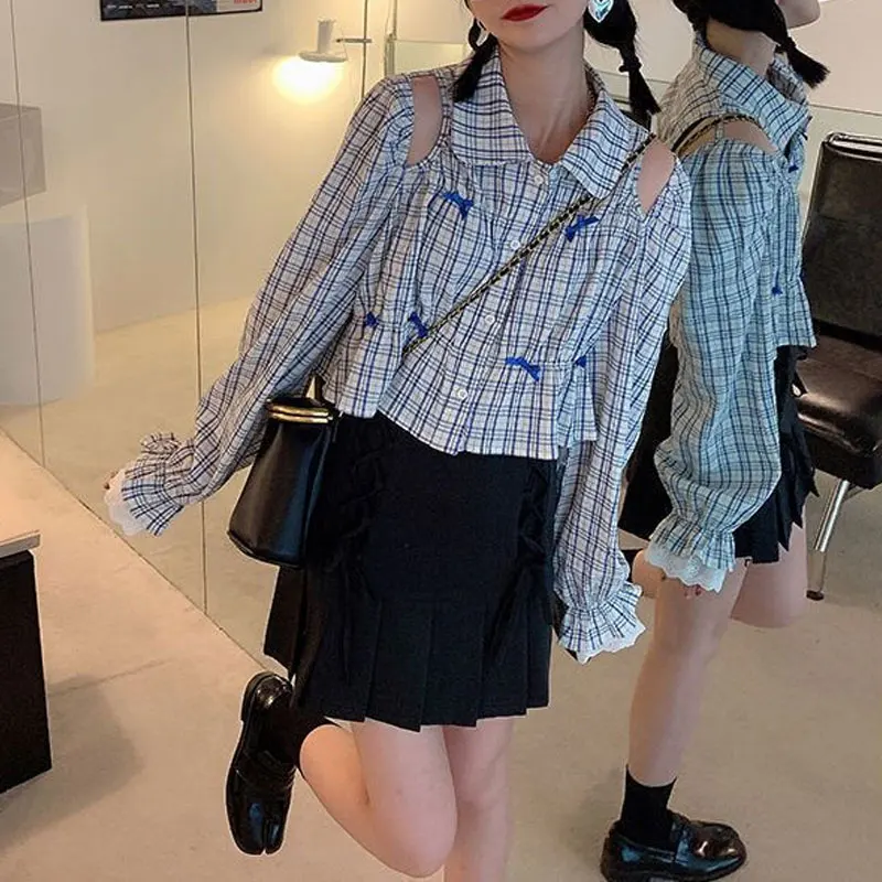 Fashionable Plaid Bow Lapel Blouse Female Clothing Sweet Lace Spliced Spring Autumn Elegant Off Shoulder Hollow Out Aura Shirts