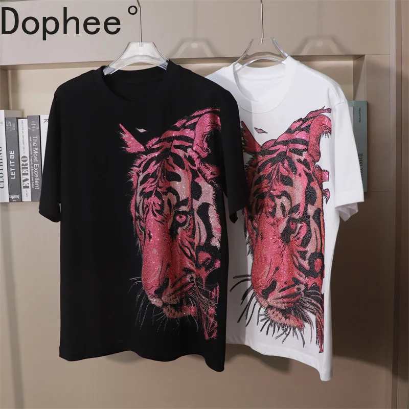 

Luxury Domineering Tiger Hot Drilling Short Sleeve T-shirt Handsome Streetwear O-neck Pullover Top Summer Men Cotton Basic Tees