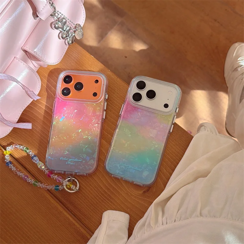 Gradient Iridescent Pearl Shell Beaded Wrist Strap Phone Case For iPhone 15 16 17 Promax Clear Shockproof Bumper Cute Cover New