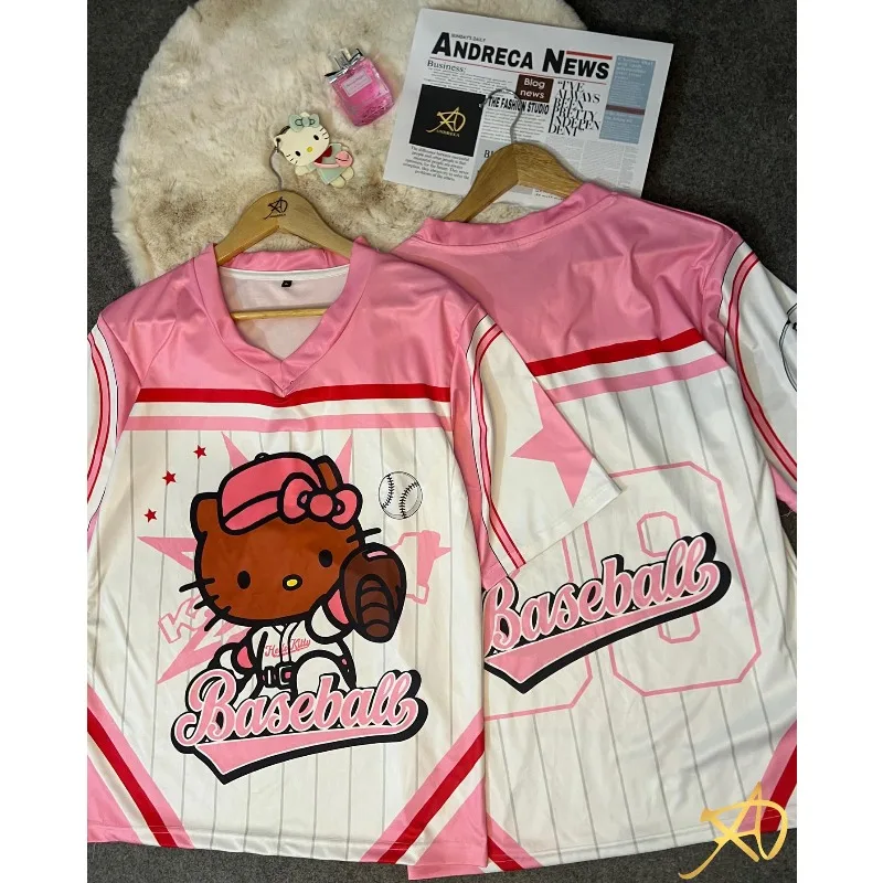 

Unisex Sanrio Hello Kitty 2026 New V-Neck Baseball Jersey T-Shirt Stripe Oversized Baseball Print Casual Sports Couple Tee