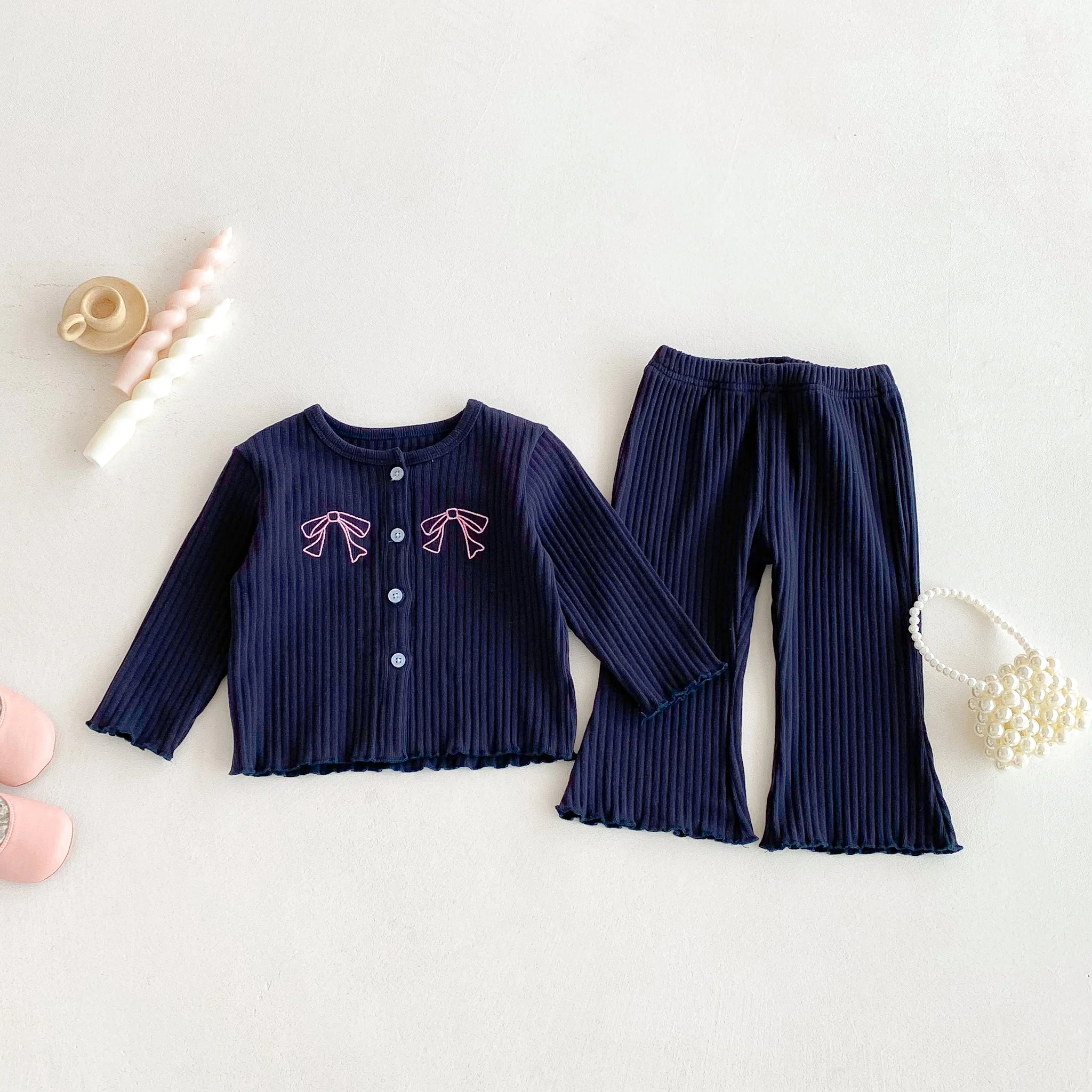 Autumn baby Girl Pit Striped Casual Long Pants Set, Bow Print Long-Sleeved Cardigan + Flared Long Pants Set