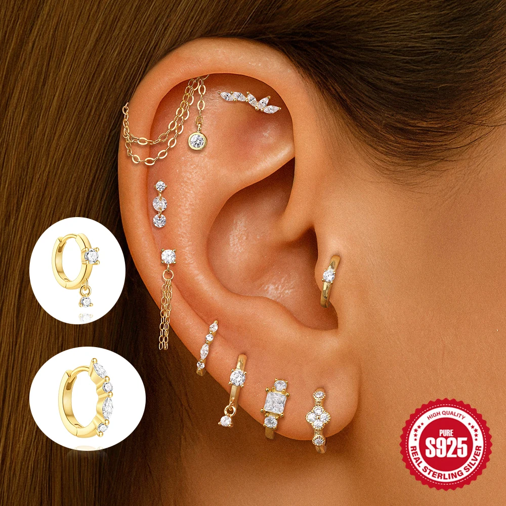 

BOAKO 925 Sterling Silver Shiny Zircon Tassel Charm Piercing Earring for Women Trendy Cute Small Hoop Earring Fine Jewelry