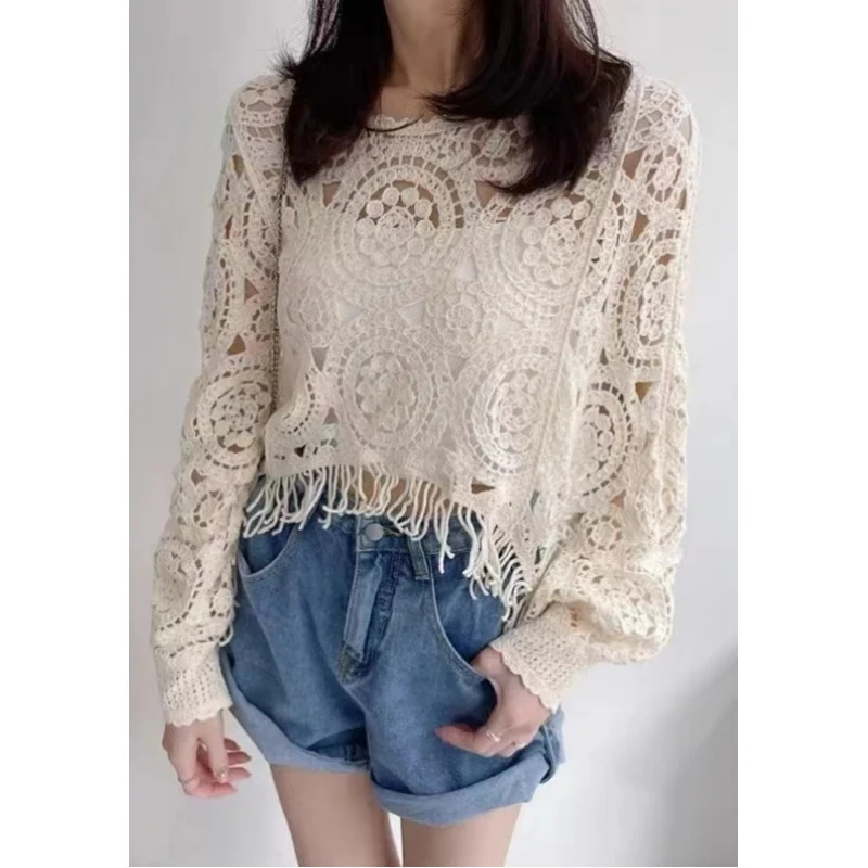 Hollow Crocheted Tassel Top Irregular Design Niche Sweater Long Sleeve Spring and Summer New Blouse Cotton