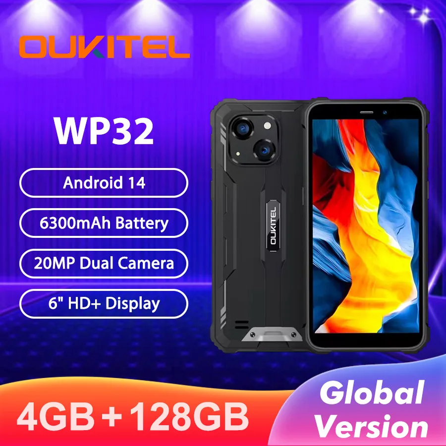 Oukitel WP32 Rugght Phone 4GB+128GB IP68 6300mAh 5.93'' FHD+ Display Android 13 Unisoc Tiger T606 Octa-core NFC 4G Smartphone