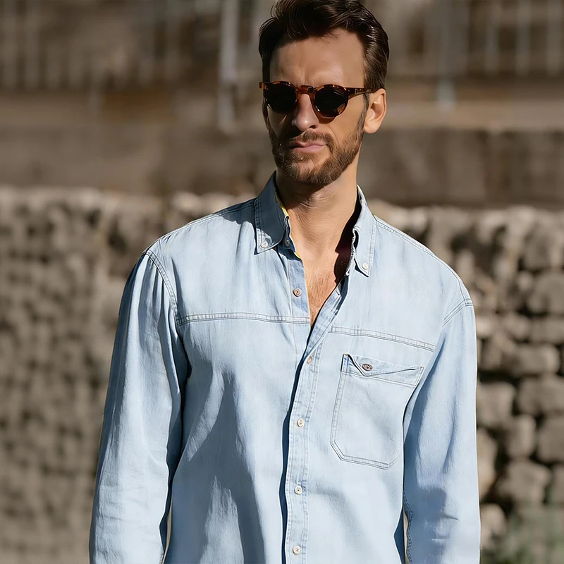 

8888Весенне-осенняя мужская повседневная джинсовая рубашка из чистого хлопка, простая и стильная свободная универсальная джинсовая рубашка