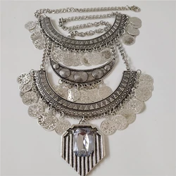 2025 New Indian Ethnic Statement Silver Plated Vintage Metal Coins Tassel Necklace And Resin Bracelets Women Jewelry Sets