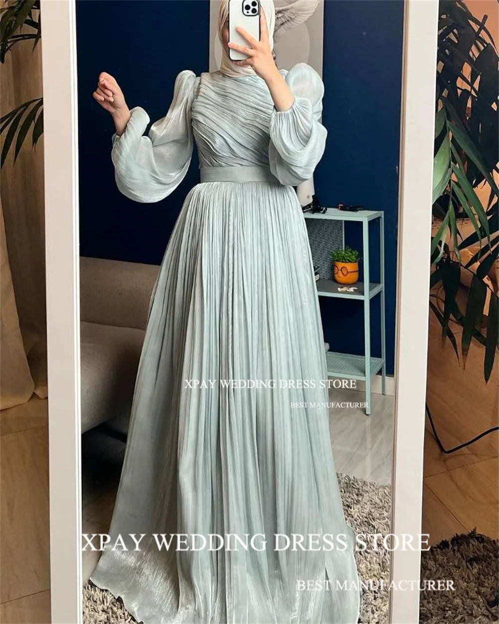 XPAY Sage Green Muslim Evening Dresses Saudi Arabic Pleat Chiffon Formal Party Prom Gown With Hijb A Line Special Occasion Dress