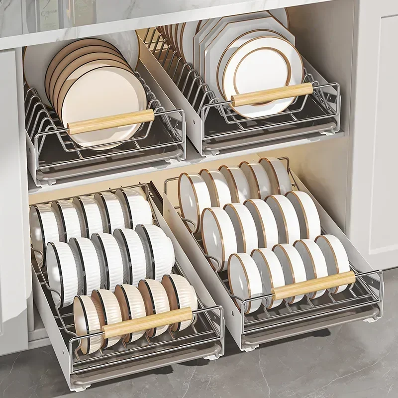 Kitchen cabinet inner shelf, drawer type pull basket, pull bowl, plate and saucer storage rack, stainless steel drain bowl rack