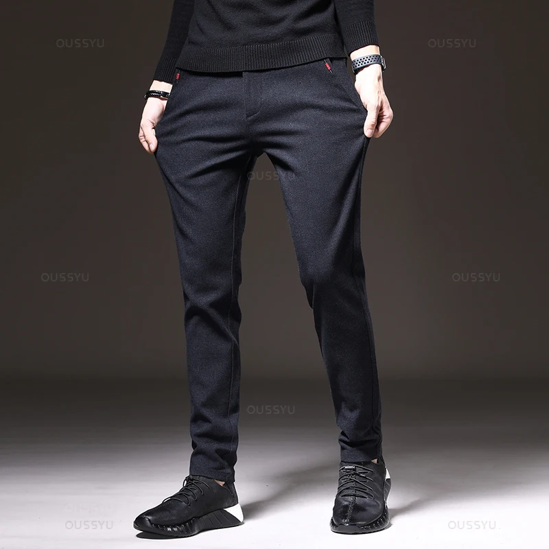 Brand Winter New Brushed Fabric Casual Pants Men Thick Business Fashion Korea Slim Fit Stretch Gray Blue Black Trousers Male 38