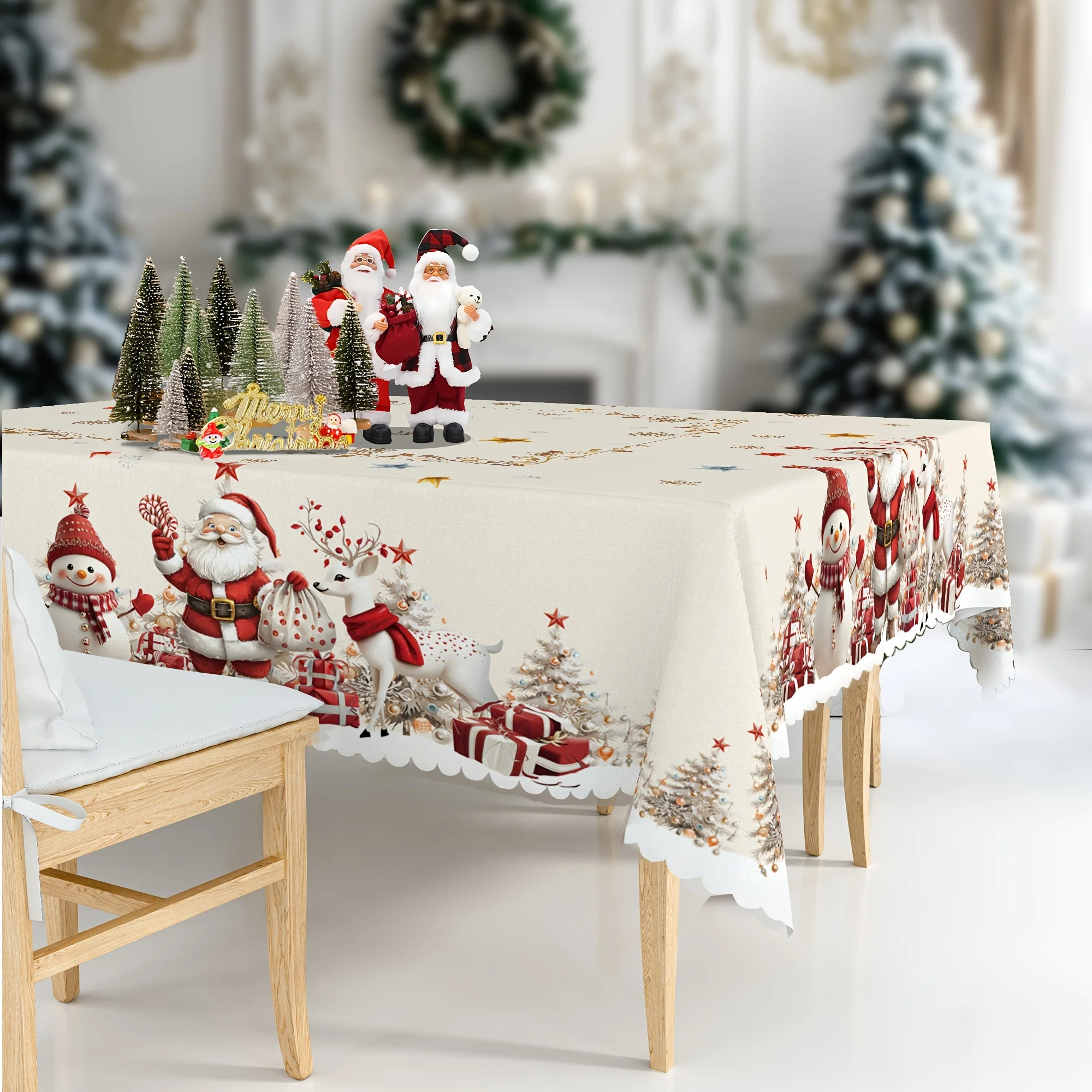 1 festive Christmas tablecloth with Santa, snowman, reindeer, dwarf, Christmas tree, snowflakes Table decoration