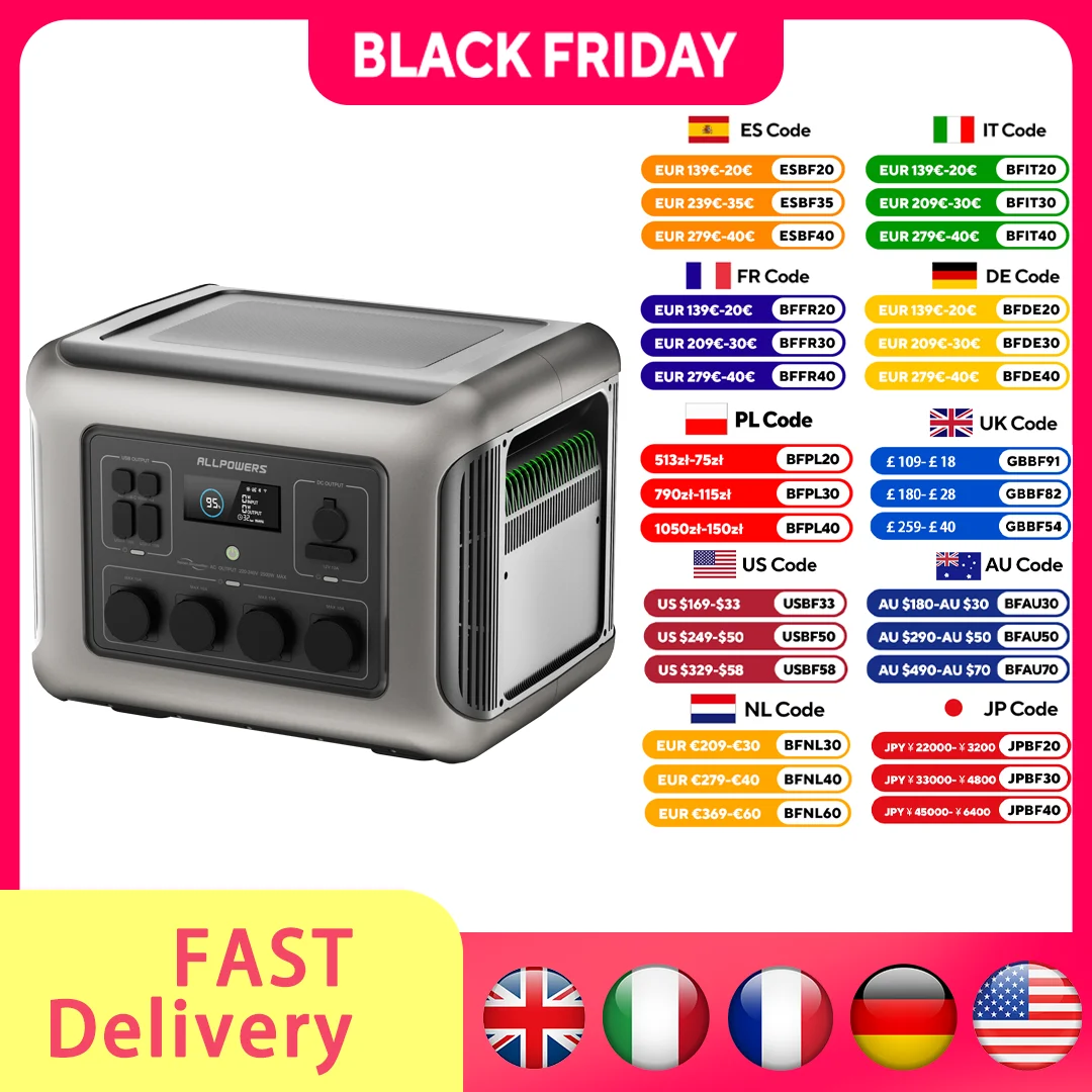 

ALLPOWERS R2500 Portable Power Station 2016Wh LiFePO4 Battery 2500W AC Outlets Outdoor Generator for Home Backup RV Camping