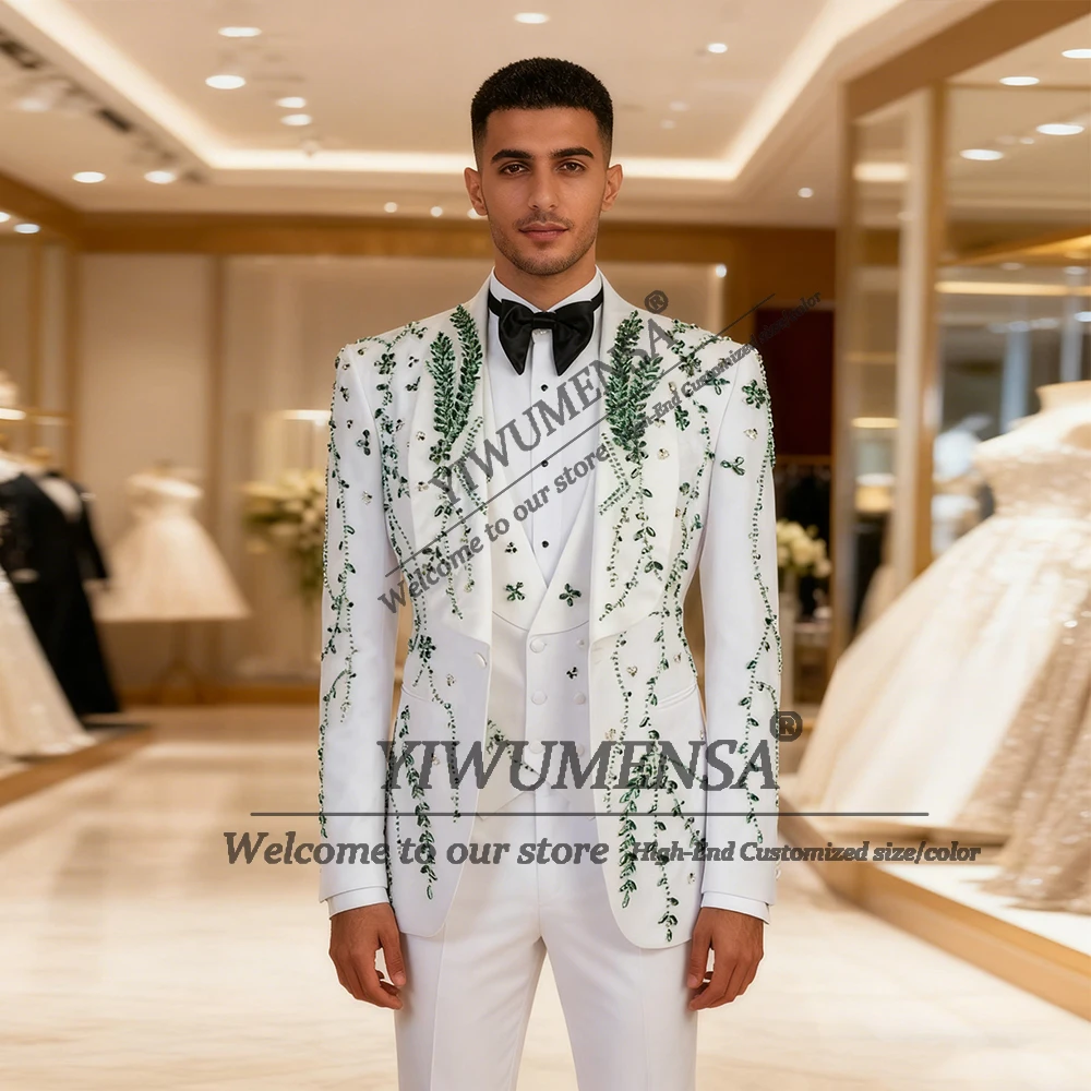 

Green Gemstone Beaded Suits Men Customized Groom Wedding Tuxedo Man Single Breasted Jacket Vest Pants 3 Pieces Business Outfits