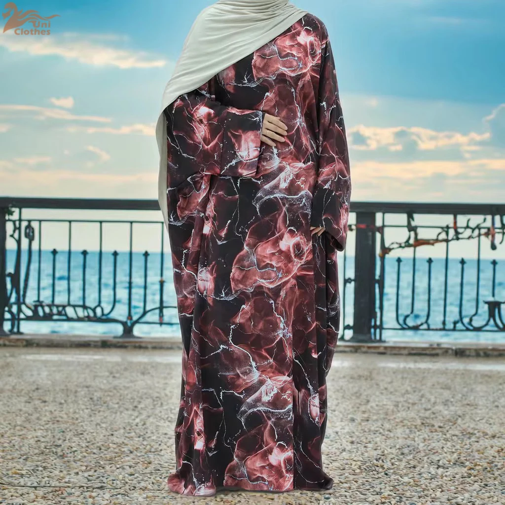 

Women's New Fashion Summer Modest Islamic Clothing Floral Print Kaftan Abaya Closed Abaya Dress for Muslims