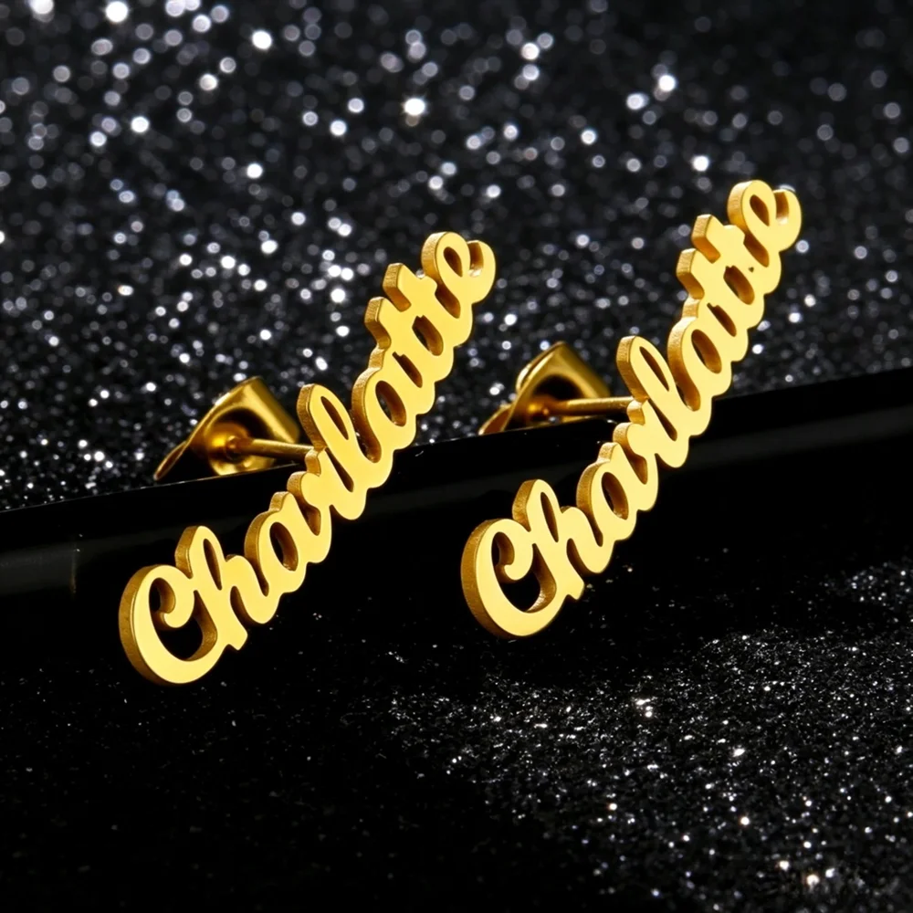 Custom Name Stud Earrings, Personalized Script Name Earrings, Stainless Steel Custom Jewelry Gift for Women Girls Birthday Anniv