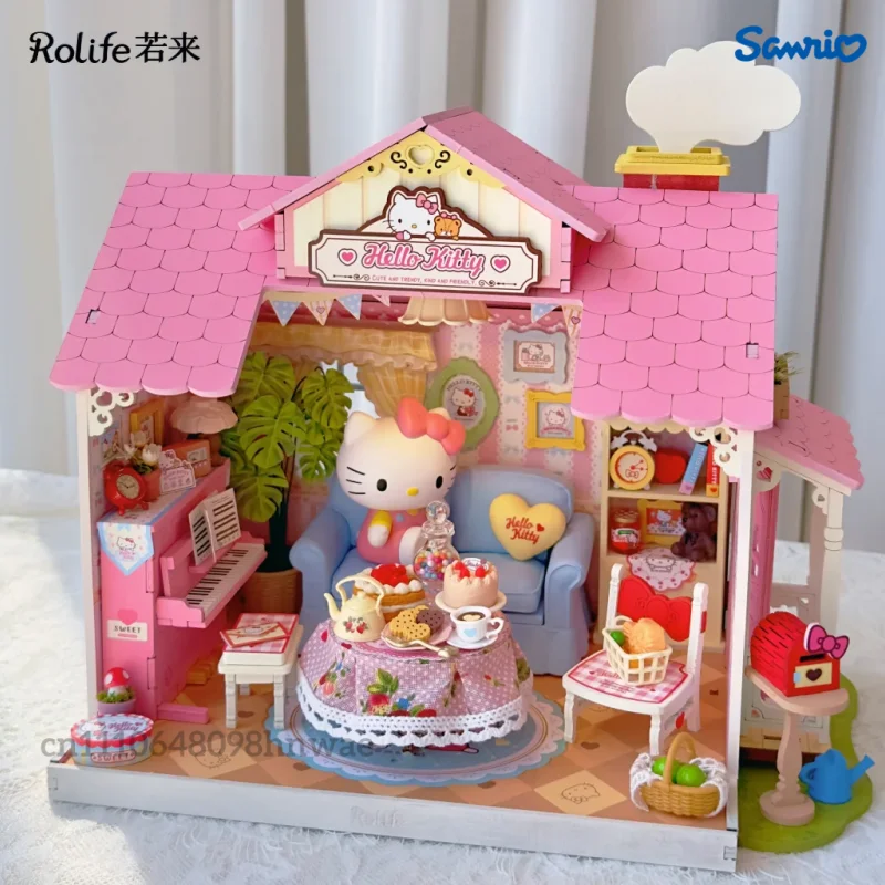 Rolife Sanrio Hello Kitty Happy Party House Wooden Building Blocks Ssembled Model Toy Ornament Collectible Gift