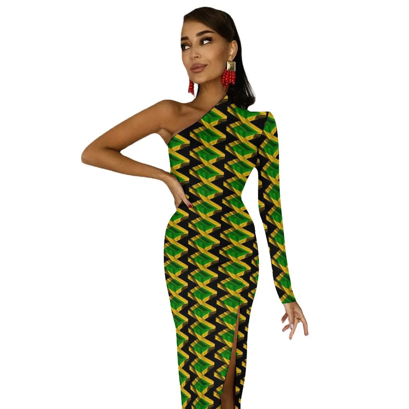 Jamaica Flag Bodycon Dress Summer Love Jamaica Modern Side Split Long Dresses Long Sleeve Design Street Wear Dress