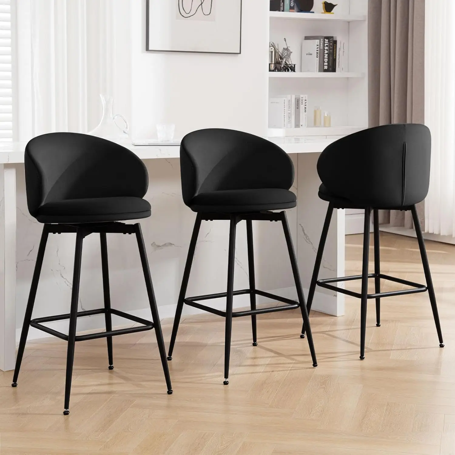 

30" Bar Height Stools Tall Bar Stools Set of 3 Swivel Velvet Barstools with Back, Modern Upholstered High Bar Chair Island Stool