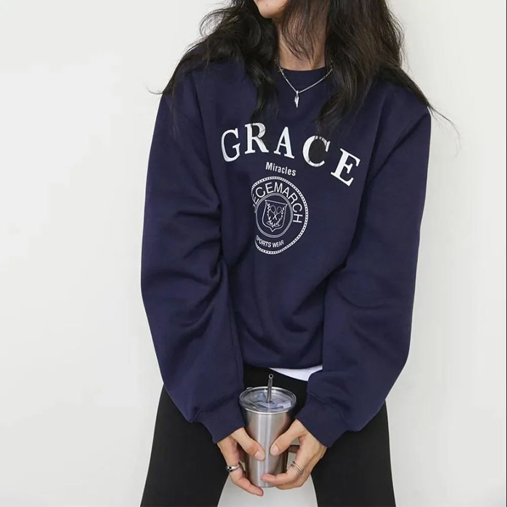 American Vintage Style Grace Navy Female Thick Warm Autumn Pullovers Long Sleeve Loose Cotton Crewneck Casual Women Sweatshirts