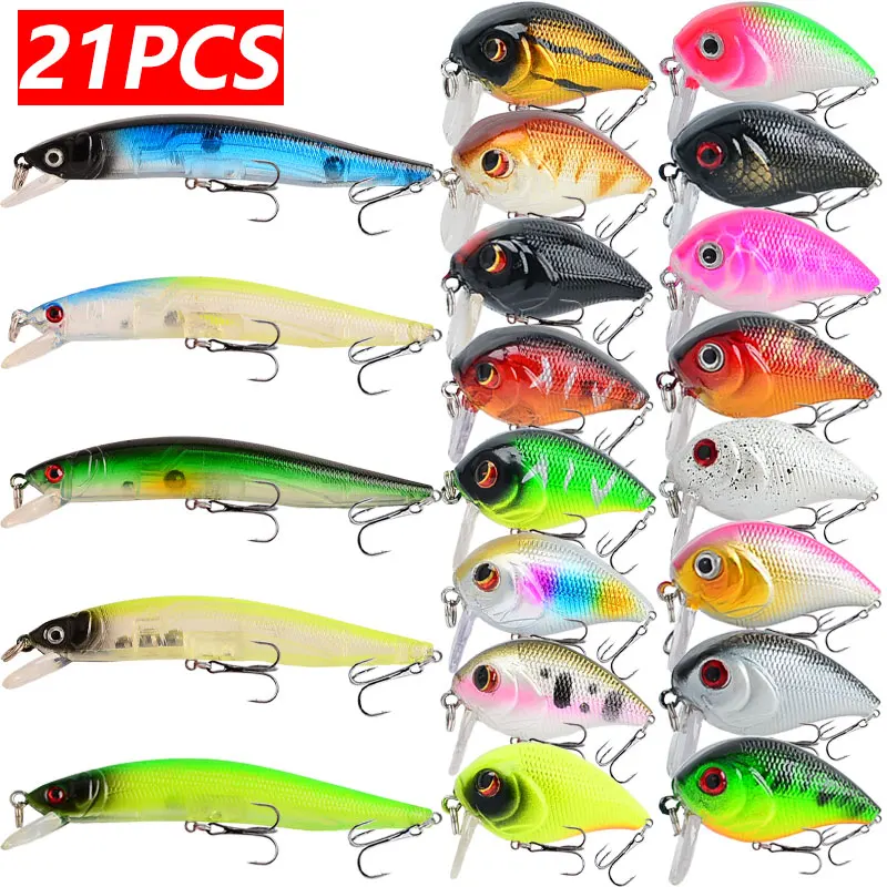 21pcs Fishing Lure Set 7.4g Minnow & Crankbit Wbblers Durable ABS 3D Eyes Realistic Fish Design with Sharp Hooks