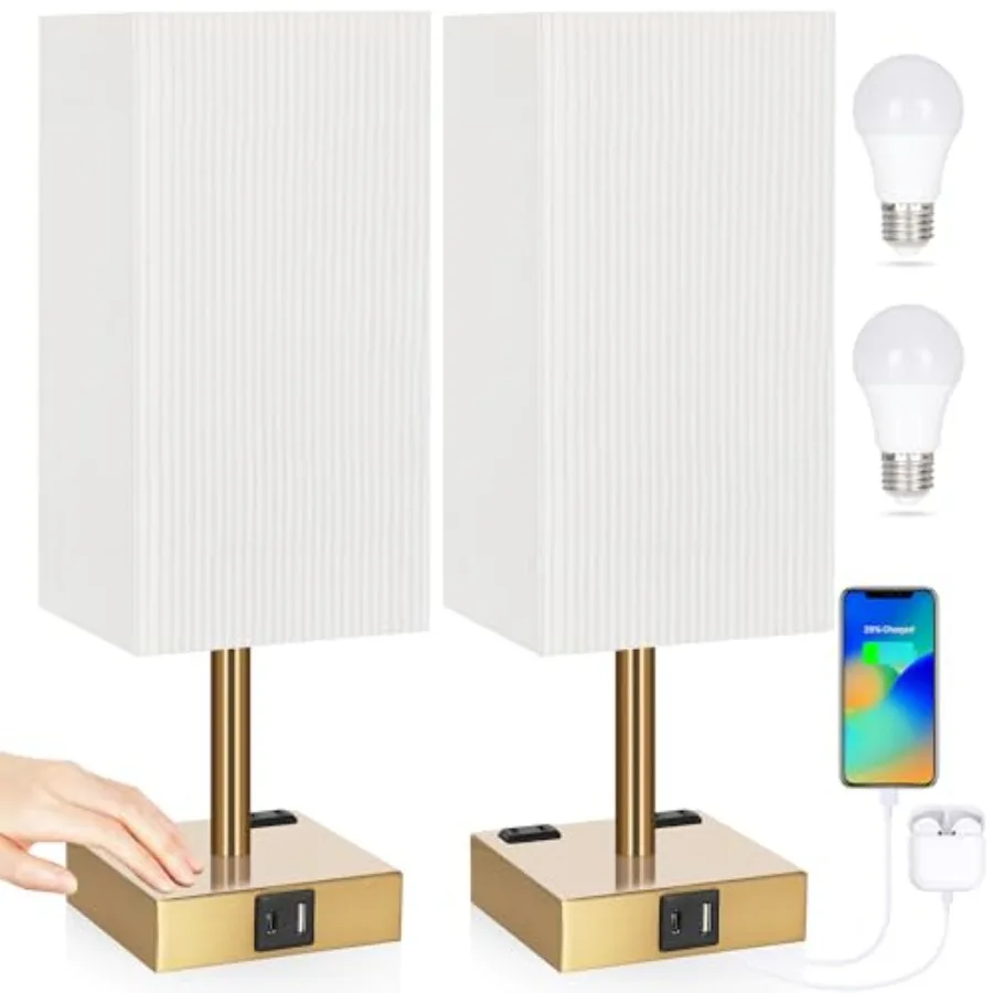 

Set of 2 Bedside Table Lamp 3 Way Dimmable Nightstand Lamp with USB C and USB A Charging Port 2 AC Outlets 3000K LED Bulbs Plea