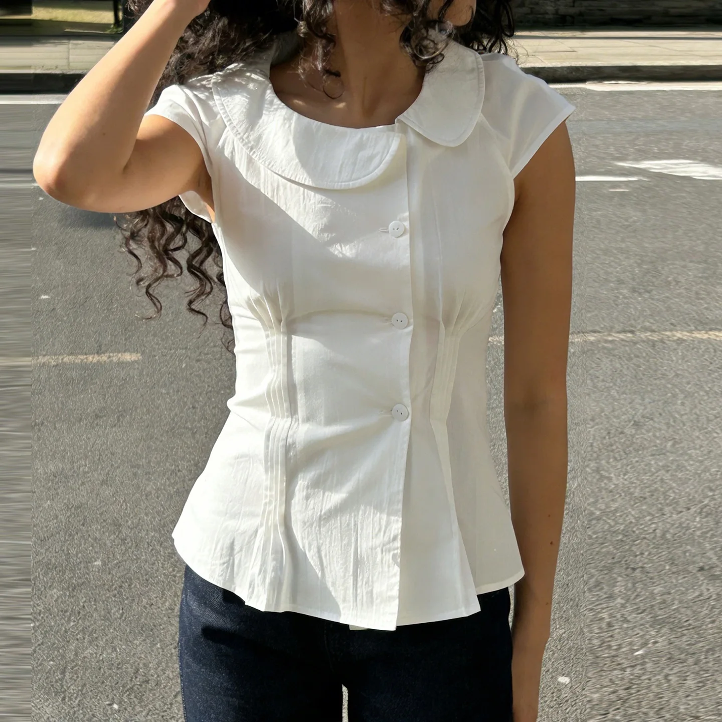 

2026 New Sweet Girly White Doll Collar Top Summer Slim-fitting Waist Short-sleeved Shirt