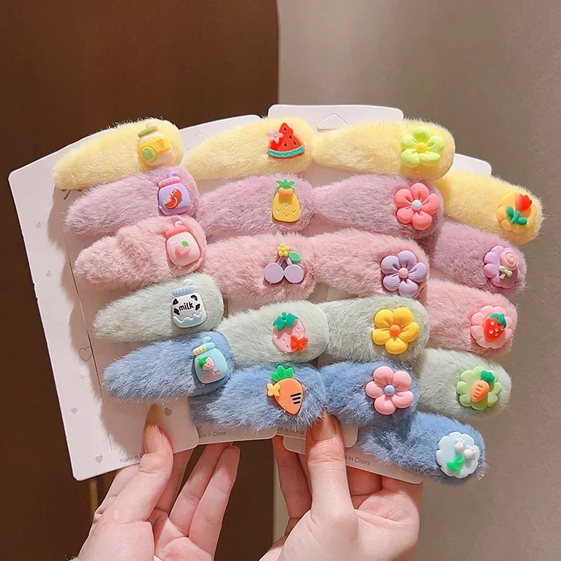 Warm Plush Hair Clips para crianças, cabelos quebrados, princesa fofa, Mao Mao, acessórios de cabelo, outono e inverno, 5pcs