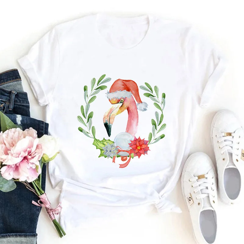 New Christmas Flamingos T-shirt Casual Couples White Short-sleeved Parent-child Clothing Tide Ins Harajuku  Aesthetic Clothes