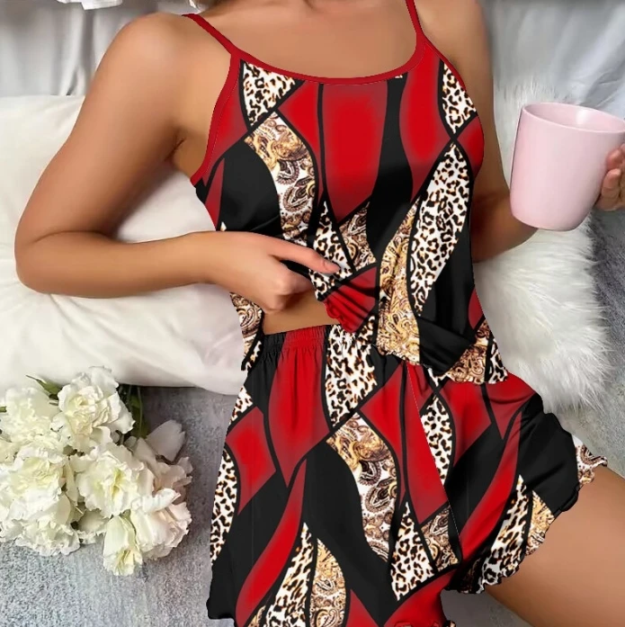 Basic Versatile Style 2024 Spring Summer Shorts Set with Contrasting Leopard Print for Home Pajamas Set Round Neck Sleeveless