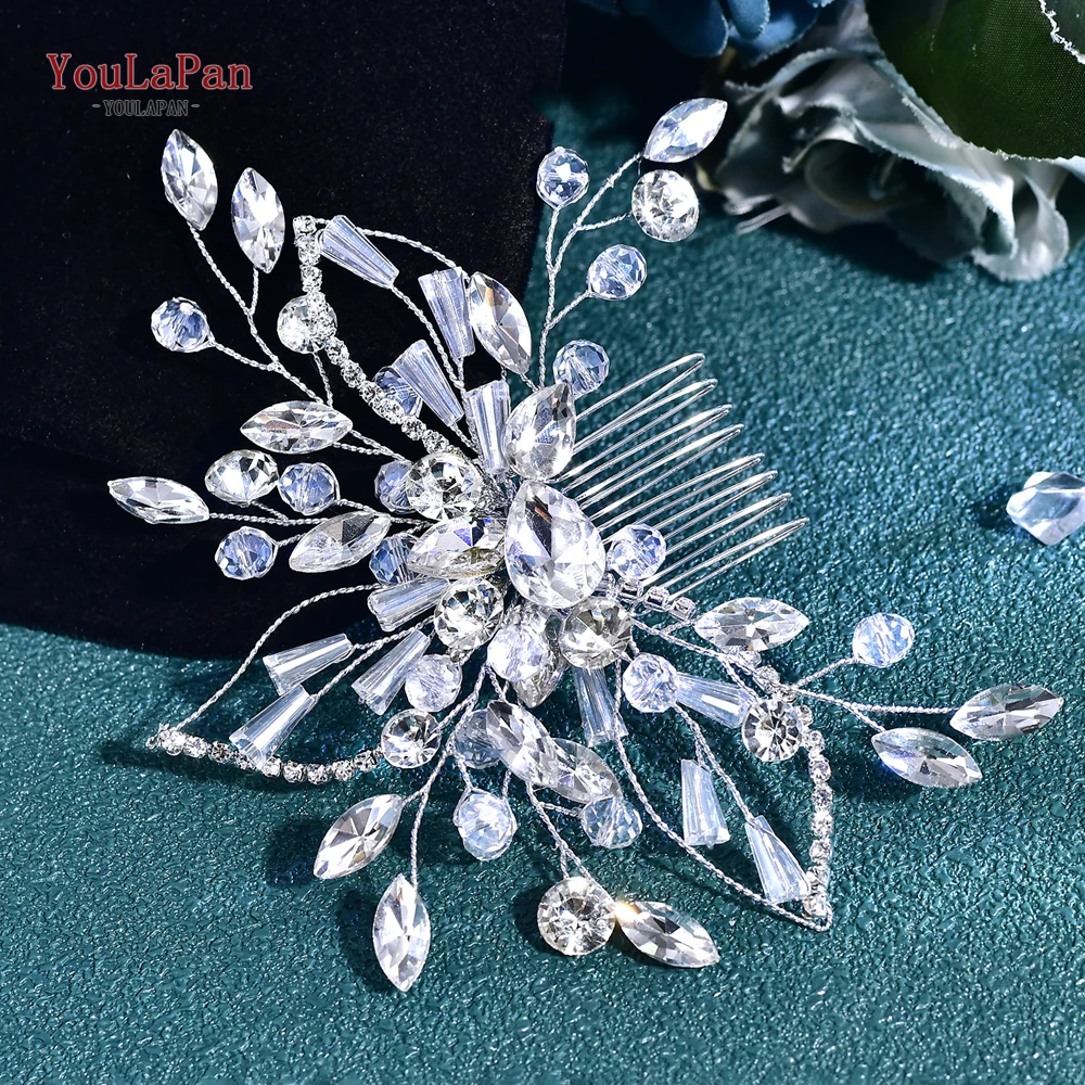 YouLaPan-peineta de cristal hecha a mano, cadena de diamantes de imitación con forma de hoja, peine lateral para boda, diadema, tocados de novia, accesorios HP831