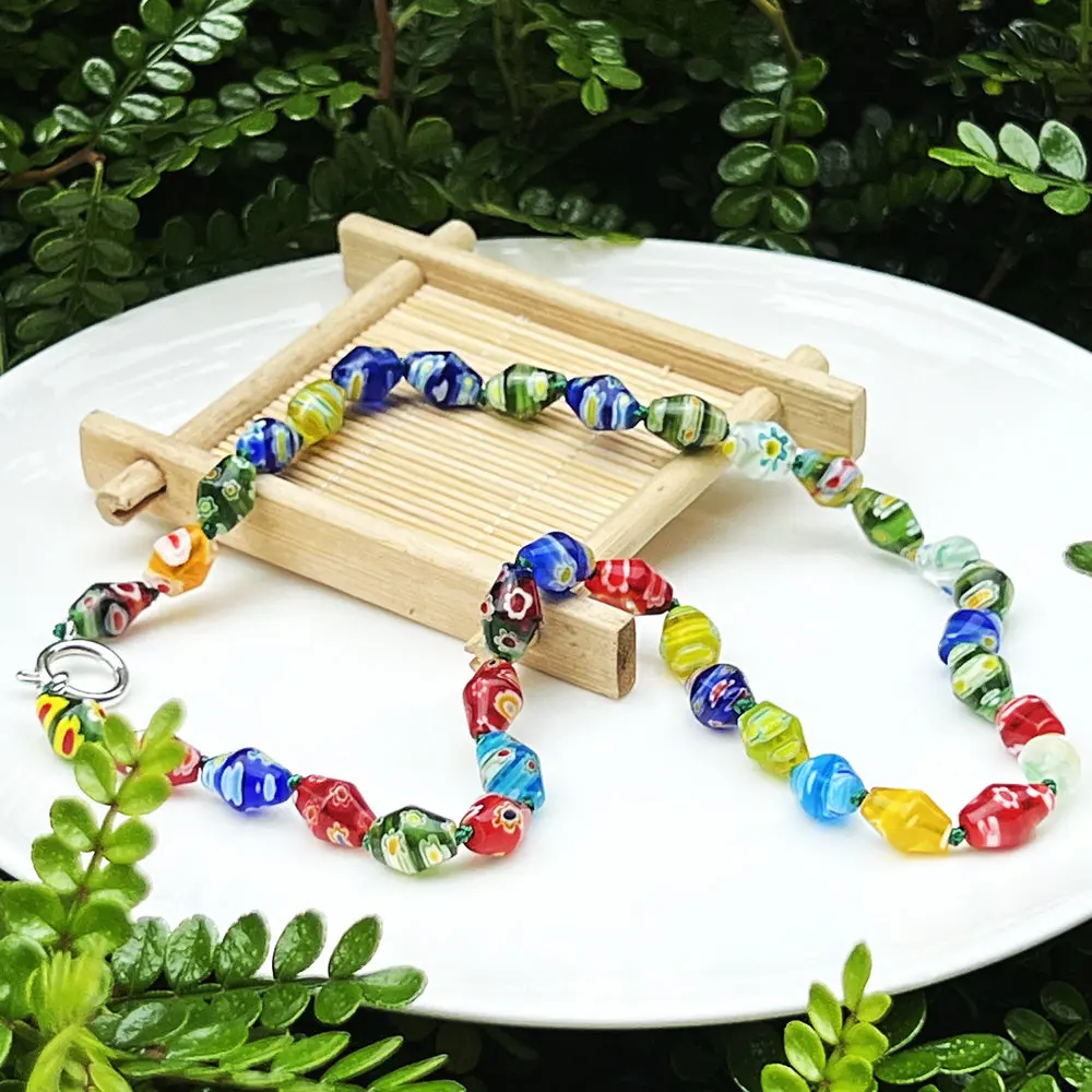 1PCS Vintage Thousand Flower Mix Color Rhombus Muran Glass Necklace For Women Irregular Glazed Crystal Lobster Colorful Jewelry