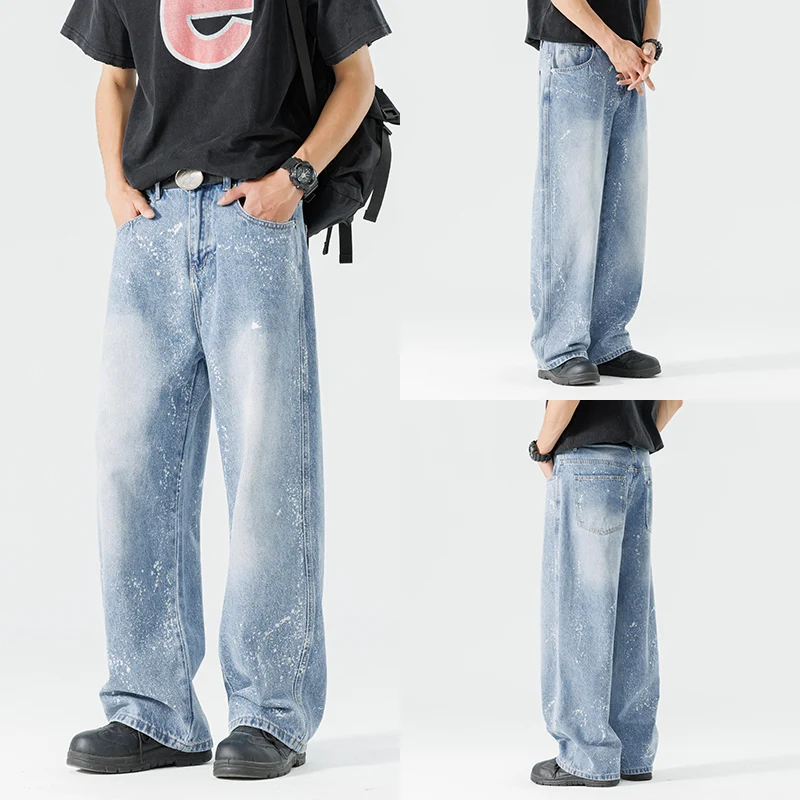 

Джинсы с завышенной талией в стиле ретро, мужские свободные прямые джинсы, повседневные джинсы с завышенной водой, дизайн с краской разливанием