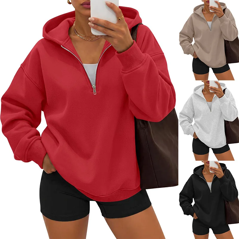 New Women's Half Zip Hoodie Long Sleeve Loose Fit Soft Comfortable Versatile Trendy Casual Commute Daily Wear Hooded Sweatshirt