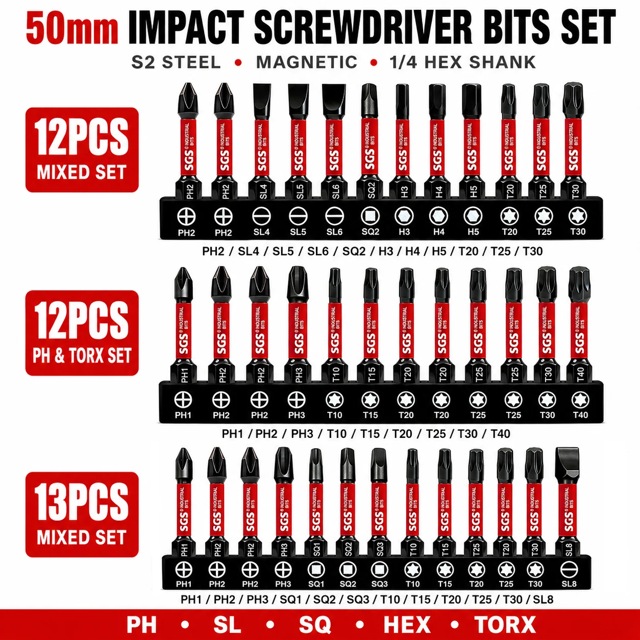 12/13 Piece Set 1/4 Hex Shank Electric Drill Repair Accessories 50mm S2 Alloy Steel Phillips / Flat Head / Square Head / Hexagon Socket / Torx Mixed Magnetic Impact Bit Set
