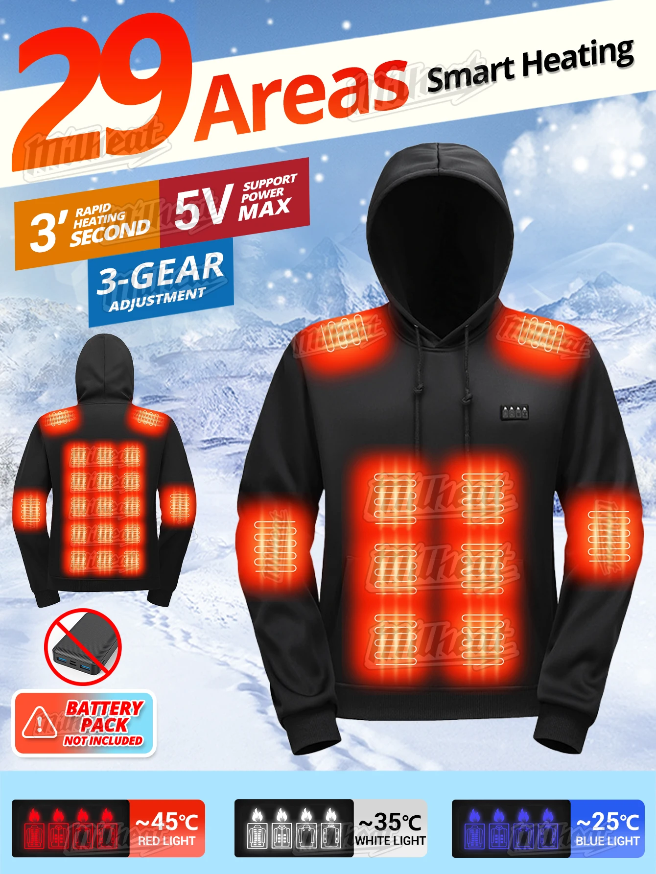 

Умная куртка с подогревом, 29 зон нагрева, 4 переключателя, 3 варианта температуры, для зимнего активного отдыха в помещении и на открытом воздухе