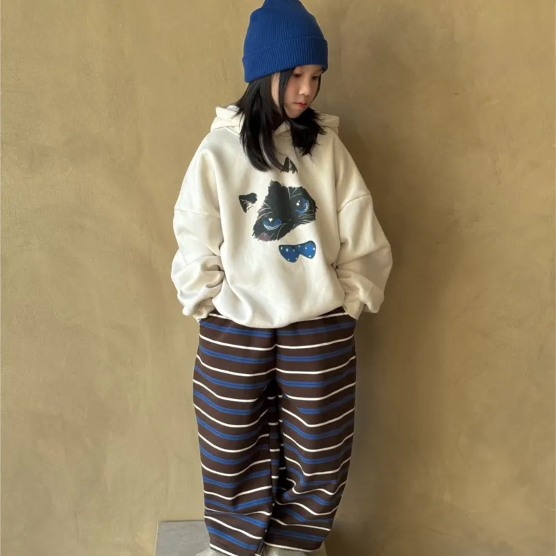 

Korean Autumn Winter Kid Girl 2PCS Clothes Set Cat Print Thick Warm Baby Girl Hoodies Loose Striped Infant Girl Sweatpant Outfit