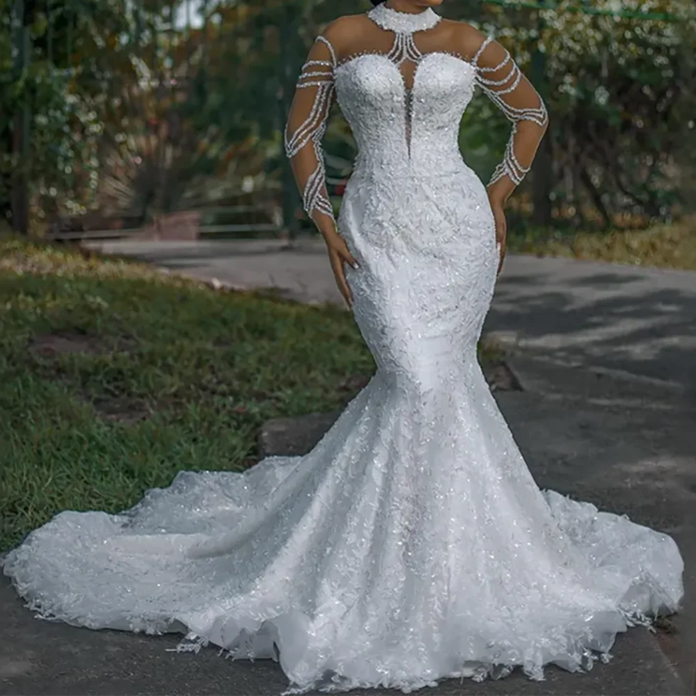 カスタムレースマーメイドウェディングドレス,ビーズ,ブライダルガウン,セクシーなアップリケ