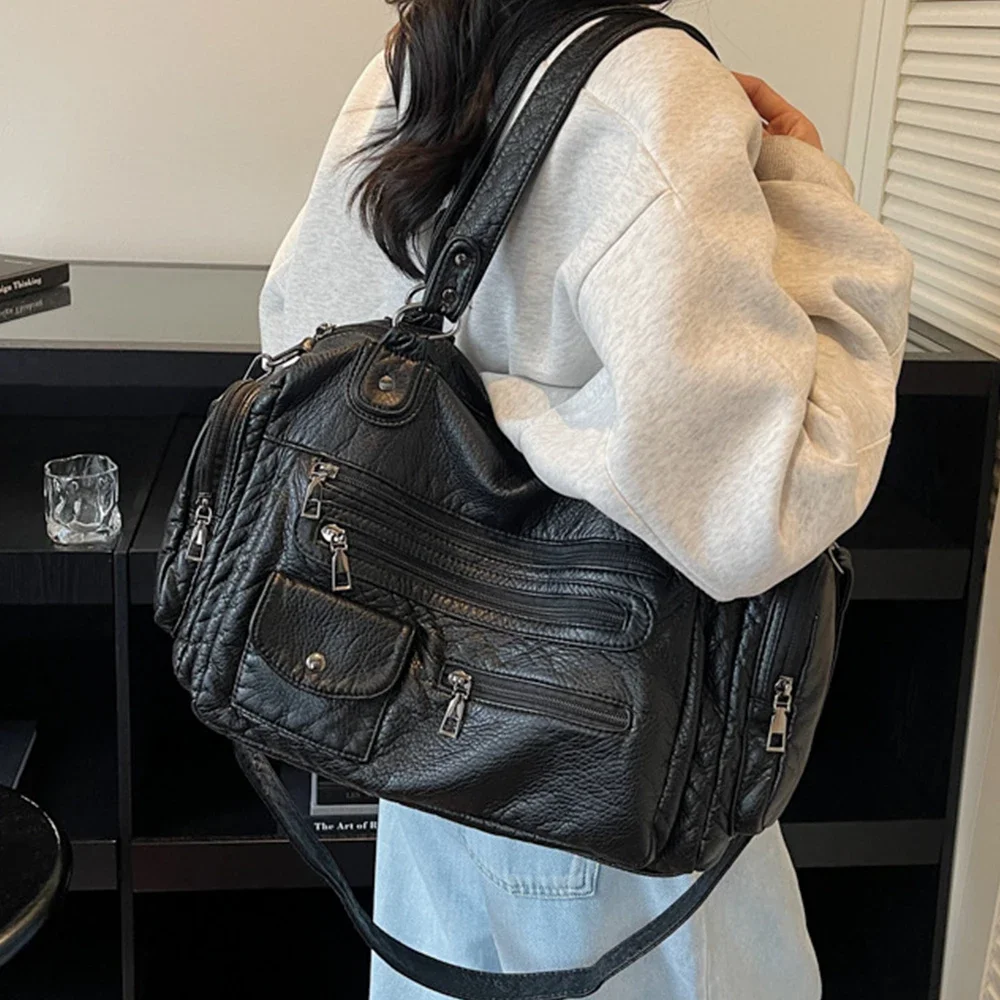 

Large Capacity Tote Shoulder Bag Multiple Pockets Motorcycle Bags for Women Handbags Soft PU Leather Crossbody Bags NEW Shopper
