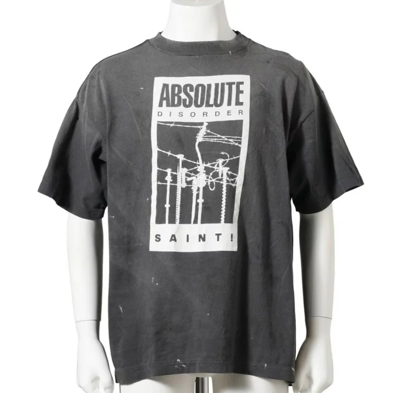 Men Barbed Wire Graphic T-Shirt Saint Vintage Acid Wash Oversized Drop Shoulder Grunge Streetwear Top