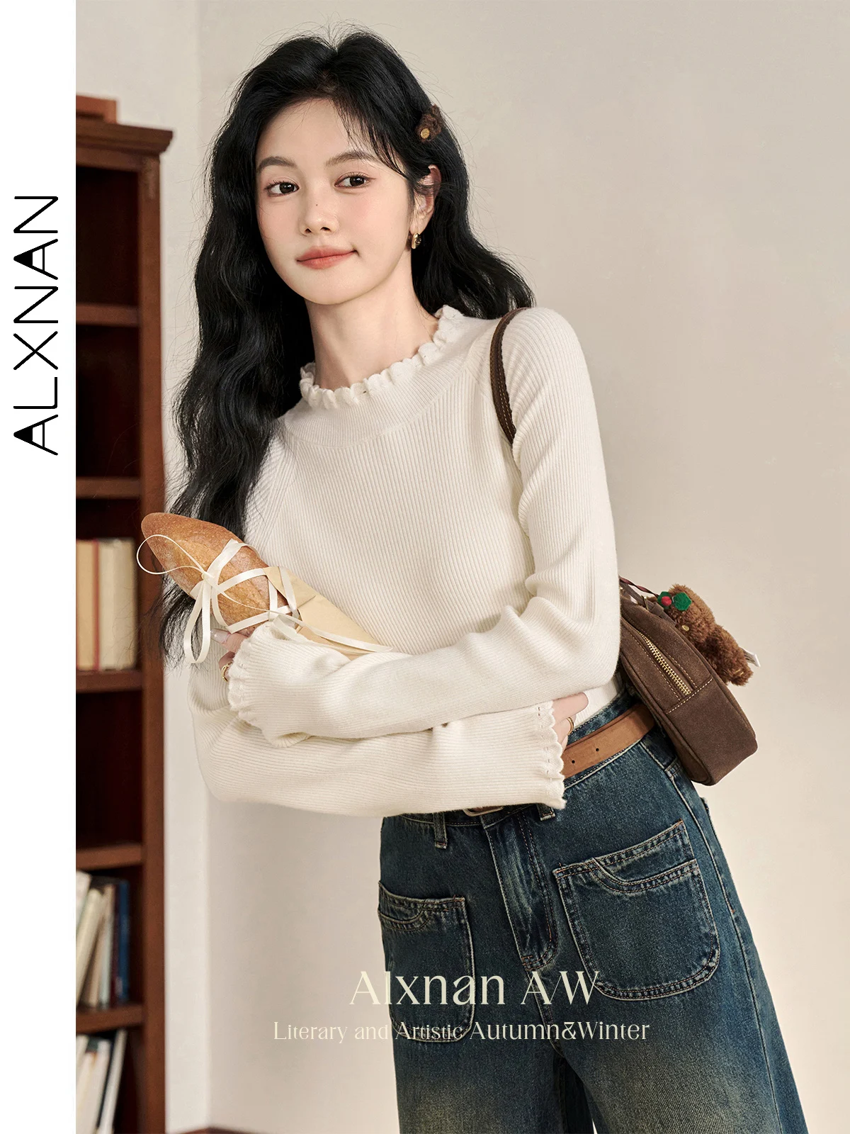 ALXNAN Women's Temperament Apricot Sweaters Agaric Crochet Round Collar&cuff Long Sleeve 2024 Fall Winter Knitted Jumper L50929