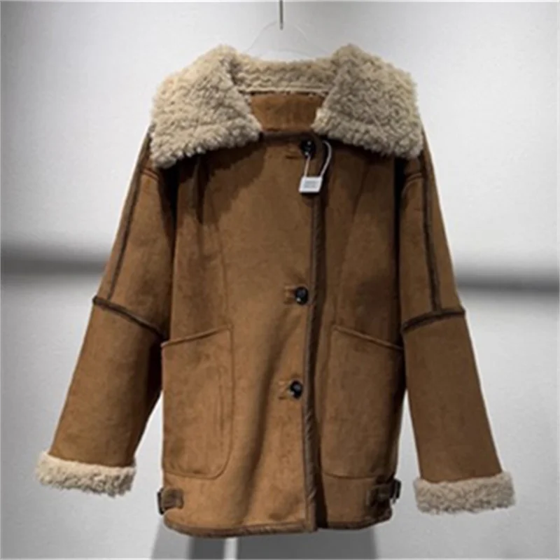 

Женская зимняя дубленка, новинка 2025, новое теплое толстое пальто с меховым интегрированным воротником-стойкой, ветрозащитное женское пальто, куртка из искусственной замши