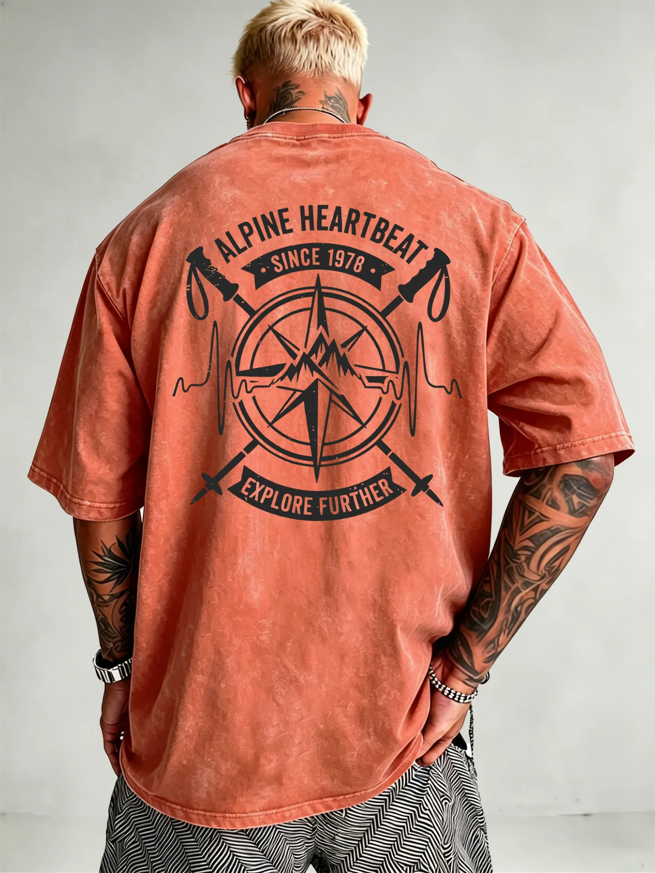 Men Heavyweight T Shirt Vintage Acid Wash Compass Print 100% Cotton Breathable Hip Hop Outdoor Sports Summer Streetwear S-3XL