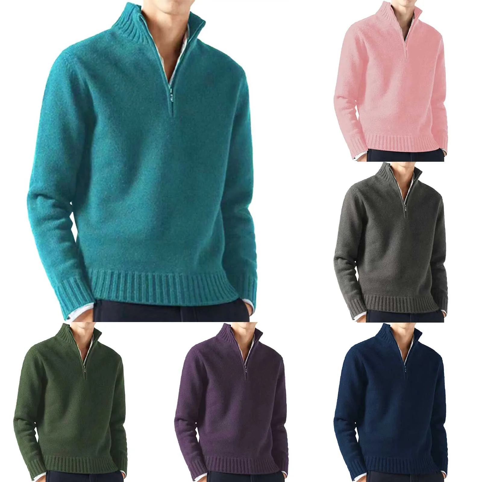 Male Casual Simple Bottom Sweater Solid Color Warm Wool Knit Half Zip Long Sleeve High Collar Sweater Mid Length Jackets for Men