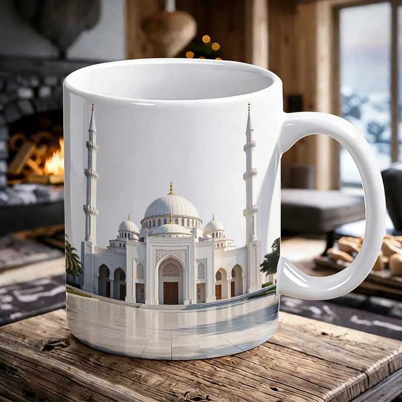 

1PCS White Mosque Illustration Ceramic Mug, Coffee Cup, Milk Cup, Office Tea Cup, Drinking Cup, Fade-Resistant, Gift for Friends