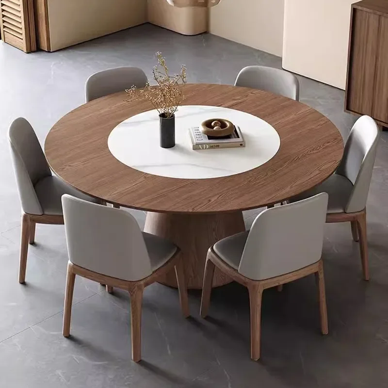 Round Dining Table Set Solid Wood with Stone Lazy Susan Modern Small Apartment Furniture