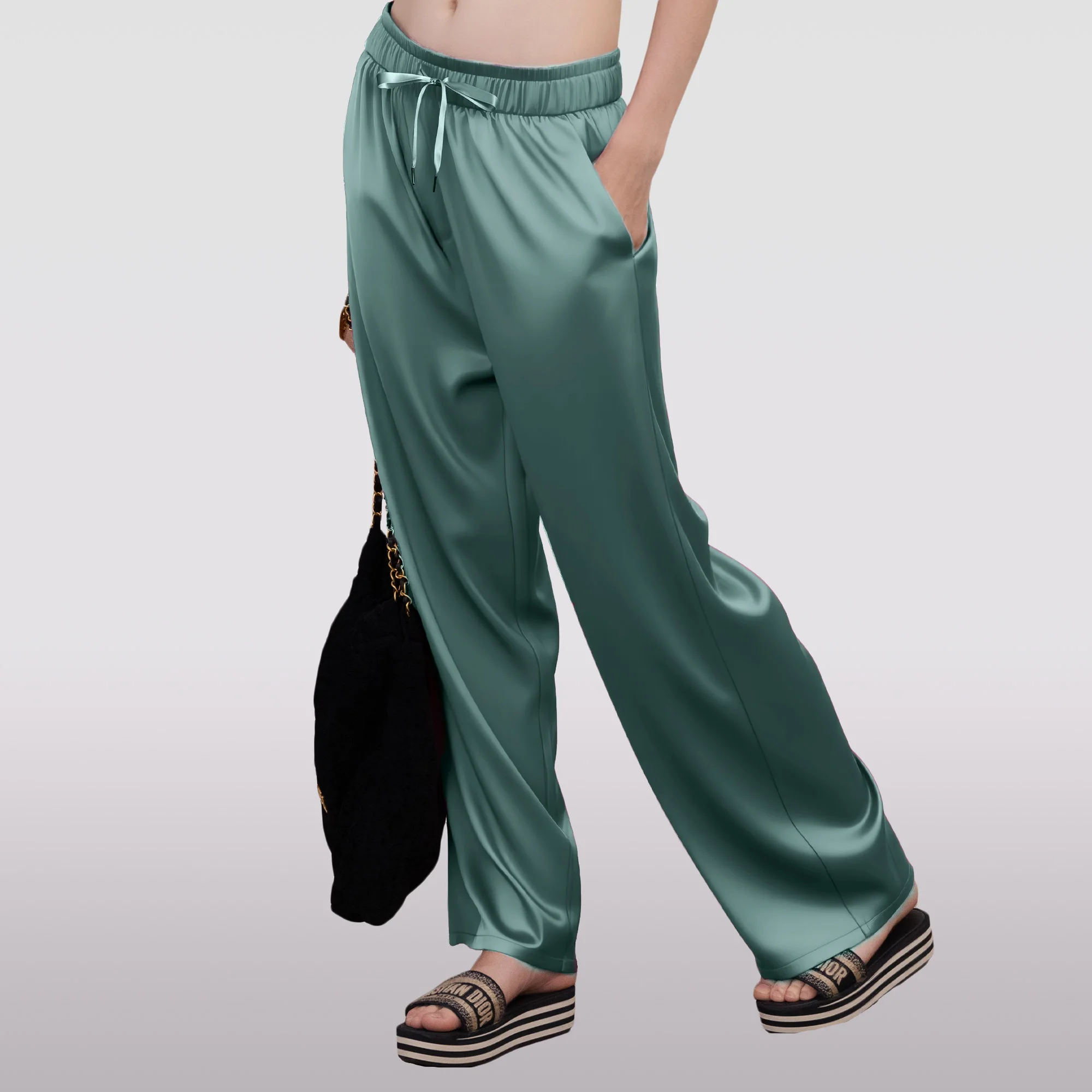 Women's Ice Silk Wide-Leg Satin Pants Summer Trousers High-Waisted Mint Green Casual Loose-Fitting Pants Wide-Leg Trousers