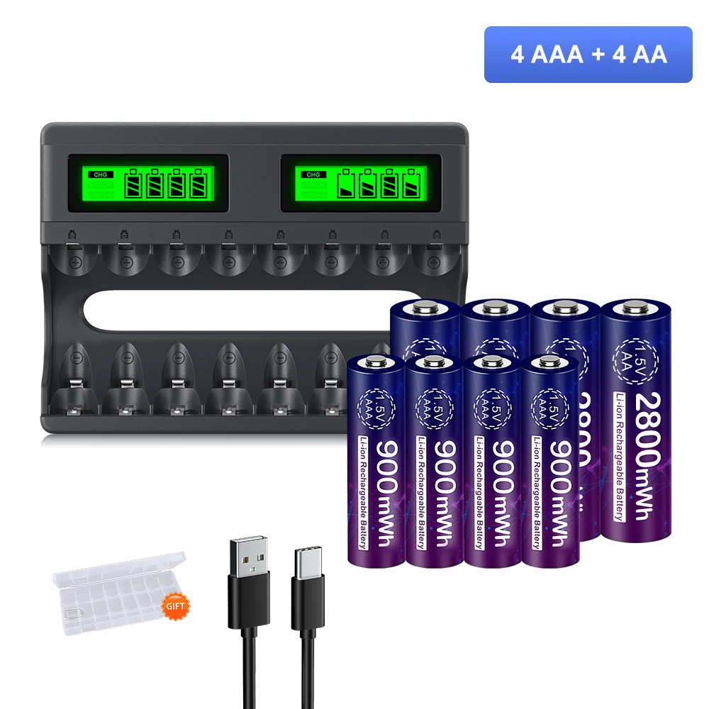 PALO 1.5V AA AAA Rechargeable Battery AAA+AAA 2A 3A Li-Ion Batteries With 8 Slots Charger for 1.5V AAA AA Lithium ion Battery