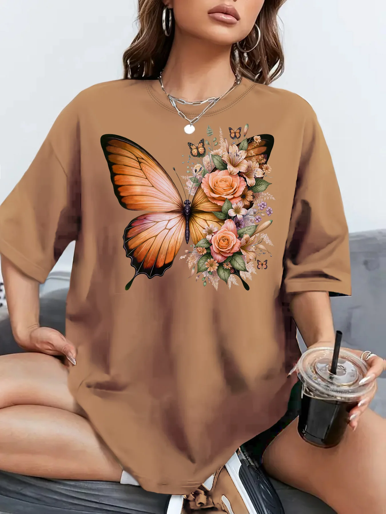 

Women's Plus Size T-Shirt Original Design Fashion Butterfly Rose Pattern Printed Women's Casual Round Neck Short Sleeved Tops